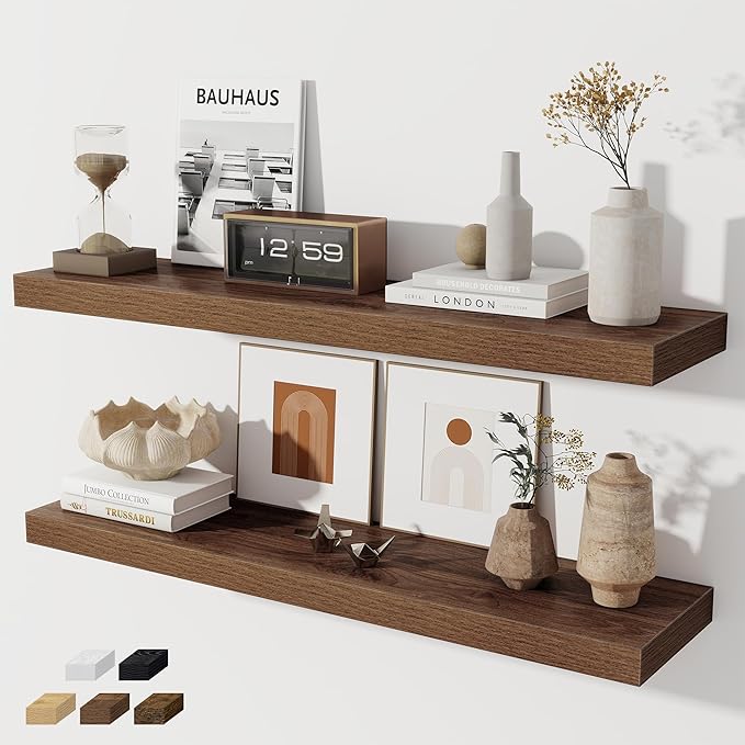 Fun Memories 36 Inch Floating Shelves, Wall Shelves Set of 2 for Bathroom/Living Room/Bedroom/Kitchen, Wall Mounted Floating Shelf for Home Decor with Invisible Brackets, Walnut
