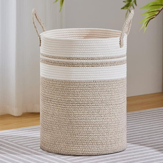 VIPOSCO Large Laundry Hamper, Tall Woven Rope Storage Basket for Blanket, Toys, Dirty Clothes in Living Room, Bathroom, Bedroom - 100L Brown & White