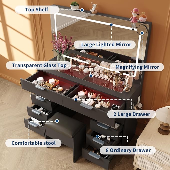 Garvee Vanity Desk with Large Mirror and Lights & Magnifying Glass, Makeup Table, Dressing Table Set with Stool, Power Outlet, 3 Lighting Modes, 10 Drawer, Black