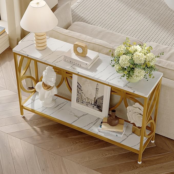 GiftGo Narrow Sofa Table 47.2 Inch, Industrial Sofa Table Behind Couch, Vintage Entry Console Table with Storage for Entryway, Living Room, Foyer, Elegant Design (White and Gold, 47.2)