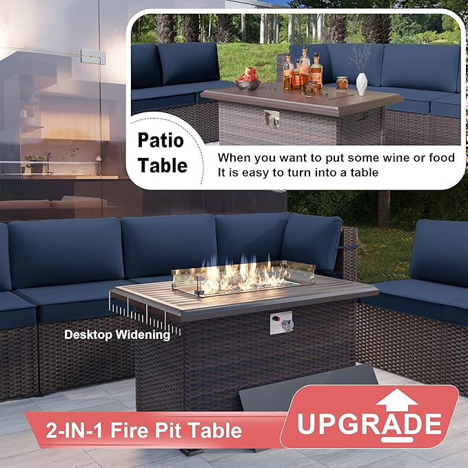 Kurapika 14 Pieces Patio Furniture Set, Rattan Wicker Outdoor Conversation Sets w/43in Propane Fire Pit Table and 4 Inch Cushion(Navy Blue)