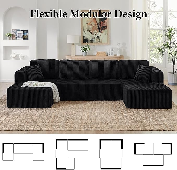 134 Inch Cloud Sectional Couch for Living Room,Corduroy Boneless Couches with L-Shape Chaise,Modern Modular Sectional Sofa with Deep Seat,No Assembly Required (Black, U-Shaped Sofa)