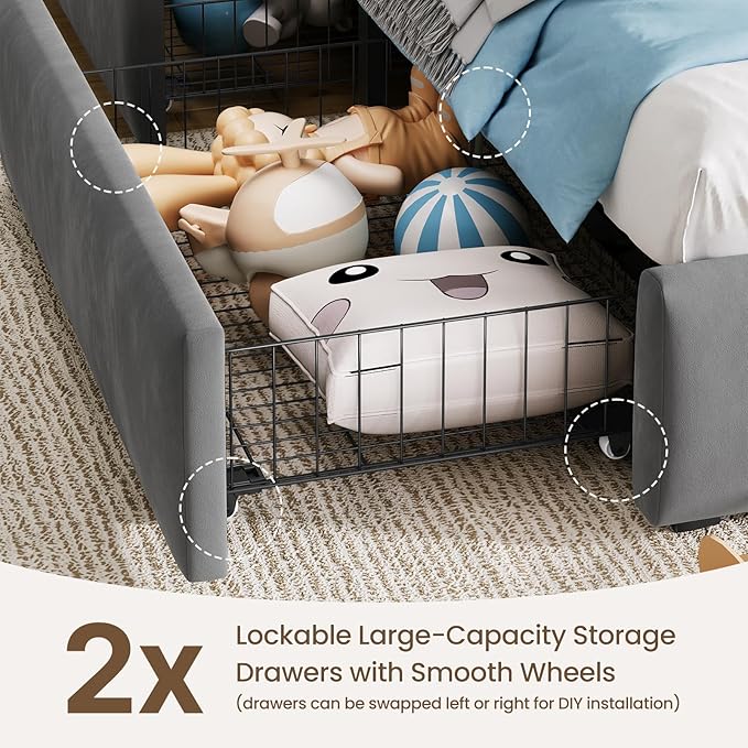 Twin Bed Frame with Storage Drawers and Headborad, Upholstered LED Twin Size Platform Bed Frame for Kids – Sturdy Metal Bed Frame Twin with Wood Slats Support, No Box Spring Needed,Grey