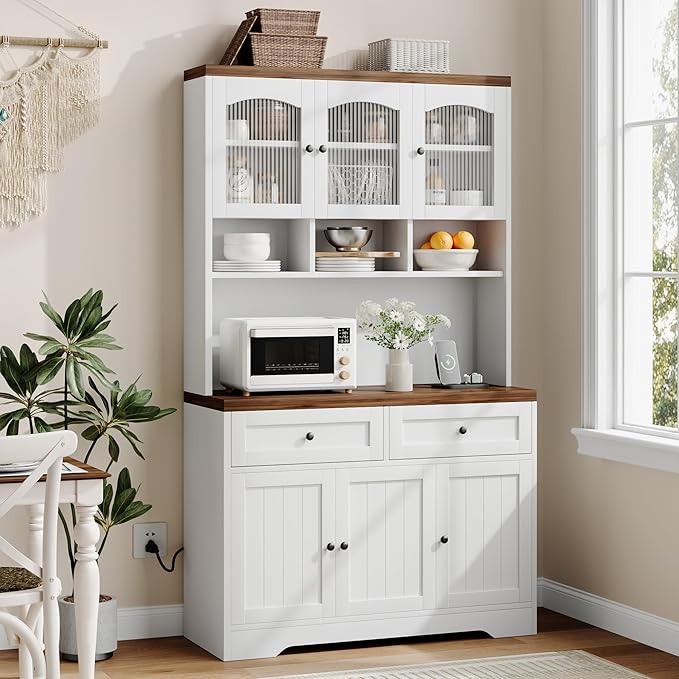 Garvee 71" Pantry Cabinet with Charging Station, Tall Kitchen Pantry Storage Cabinet with Microwave Stand, Farmhouse Kitchen Hutch with Storage Drawers for Living Room, Dining Room, White
