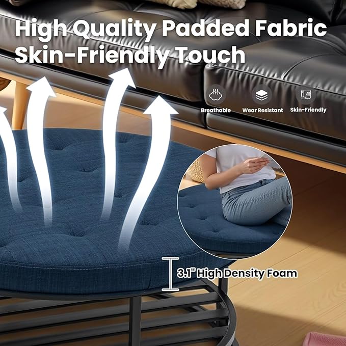 Ottoman Coffee Table with Upholstered Tufted Linen Fabric, Round Center Table with Storage Large Footrest Ottoman for Living Room Navy Blue