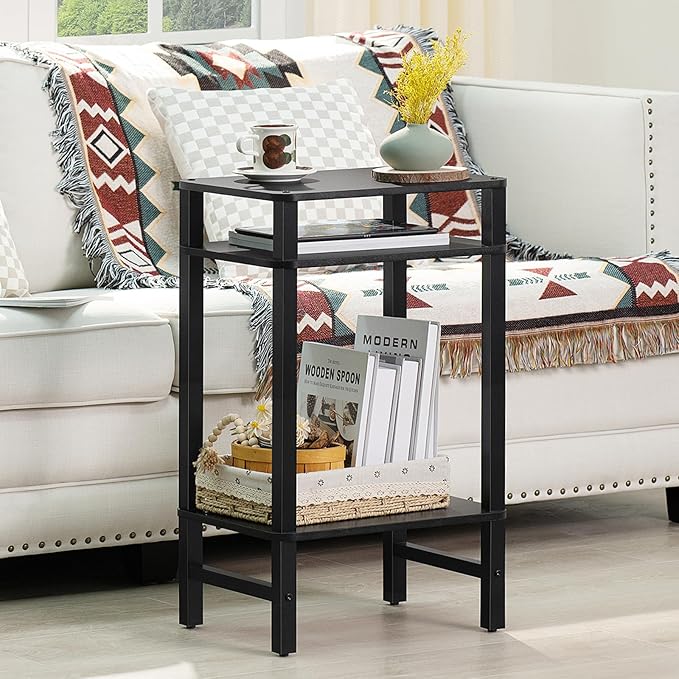 28in Tall Side Table 3-Tier Small Narrow End Table for Couch, Skinny Nightstand for Small Space, Farmhouse Slim Night Stand with Storage, Wooden Frame Thin Bedside Table, for Living Room, Black