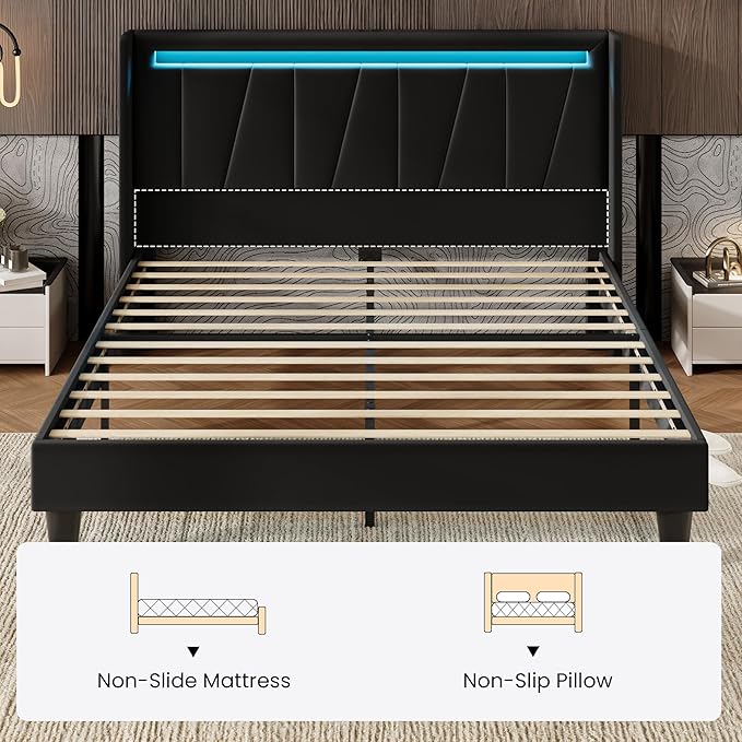 SHA CERLIN Full Size Bed Frame with Charging Station and LED Lights, Modern Velvet Platform Bed with Upholstered Geometric Wingback Headboard, No Box Spring Needed, Easy Assembly, Black