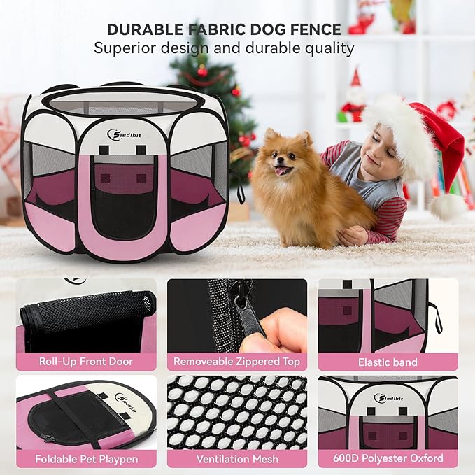 Pink Puppy Playpen for Middle Dog Cat, Dog Tent Crates Cage Indoor/Outdoor, Portable Pop Up Dog Kennel with Carrying Bag for Rabbits, Removable Top (Pink, Medium (36" x 36" x 23"))