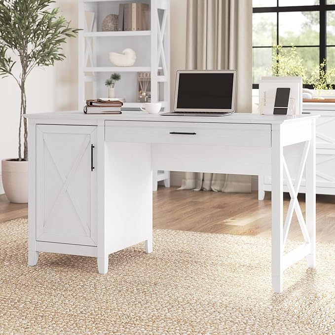 Bush Furniture Key West Computer Desk with Storage | Small Desk for Home Office in Pure White Oak | 54W x 24D Modern Farmhouse Desk