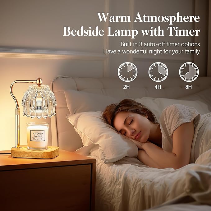 Candle Warmer Lamp with Timer Dimmer, Modern Wax Warmer for Scented Wax Jar Candle Warmer with 2 Bulbs, Adjustable Height Glass Lamp for Gifts for Women, House Warming Gifts, Home Decor, Gold Clear