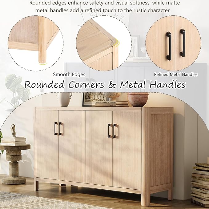 Farmhouse Wood 4-Door Cabinet Sideboard with Smooth Rounded Corners, Rustic Accent Entryway Console Table for Hallway Living Room Dining Room