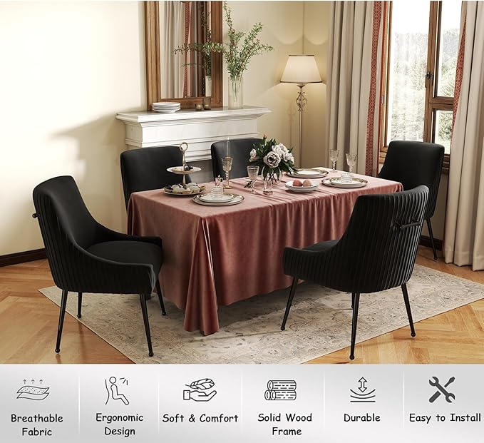 Velvet Dining Chairs Set of 6,Black Upholstered Living Room Chairs with Black Metal Legs, Modern Tufted Accent Chairs for Living Room, Study Room, Kitchen