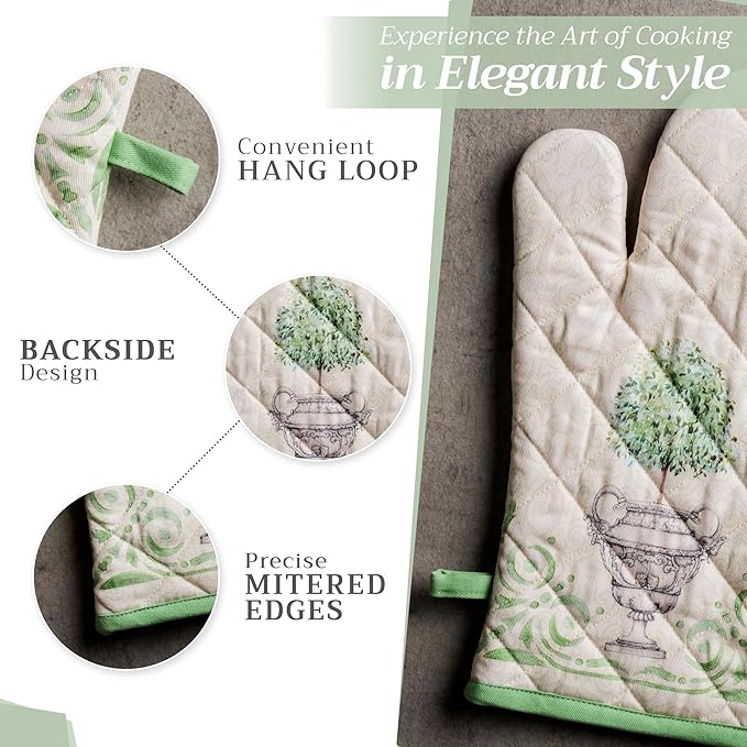 Maison d' Hermine Oven Gloves 100% Cotton Oven Mitt 7" x 13" with Loop Heat Resistant, BBQ, Cooking Gloves, Baking, Grilling, Kitchen, Handling Hot Pans Spring/Summer (Pack of 1, Jardin Du Roy)