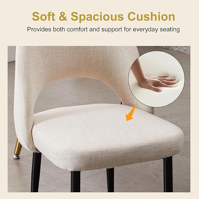 Modern Dining Chairs, Fabric Upholstered Accent Kitchen Chairs with Comfy Padded Seat & Sturdy Metal Legs, Side Farmhouse Chairs for Dining Room, Living Room, Restaurant (Beige, Set of 2)