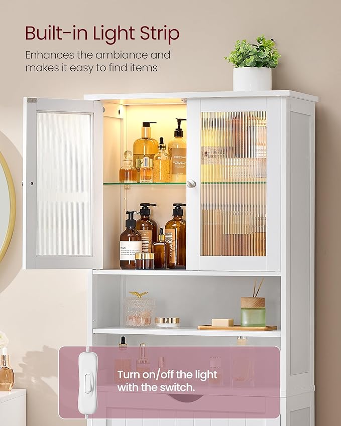 VASAGLE Storage Cabinet with LED Lights, Freestanding Storage Unit with Adjustable Shelves, Drawer, Open Compartments, for Bathroom, Living Room, Kitchen, Cloud White UBBC767WH01S