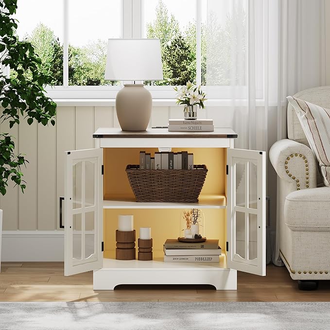 ChooChoo Farmhouse End Table with Charging Station, 24" Large Sofa Side Table with LED, Square Nightstand with Glass Barn Door, Bedside Table with Storage for Living Room, Beige（Cream and Brown