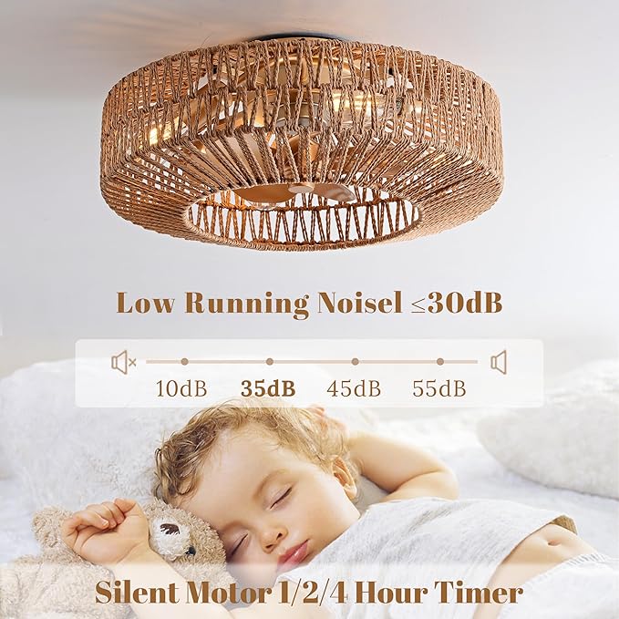 20" Boho Caged Fandelier with Lights Flush Mount Rattan Ceiling Fan with Lights and Remote Control, Enclosed 6 Speeds Low Profile Fan Light for Bedroom, Living Room, Kitchen