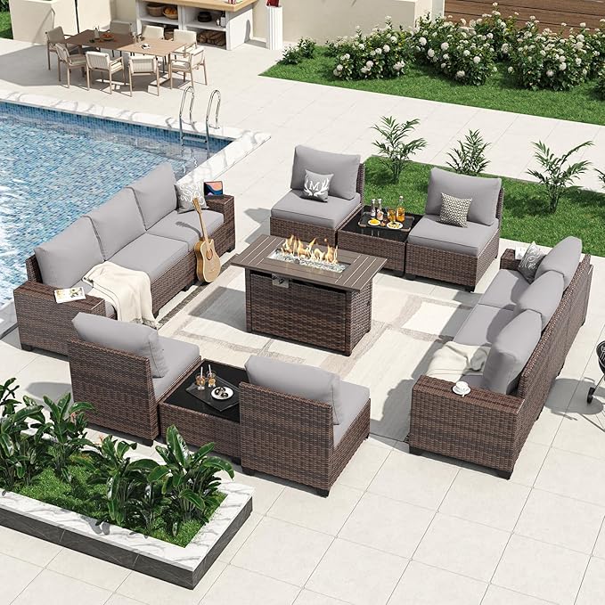 Aoxun 13 Pieces Patio Furniture Set with 44” Fire Pit Table Wicker Rattan Outdoor Sectional Conversation Set with Coffee Table and 4” Thickened Cushions, Gray(Waterproof Cover Included)
