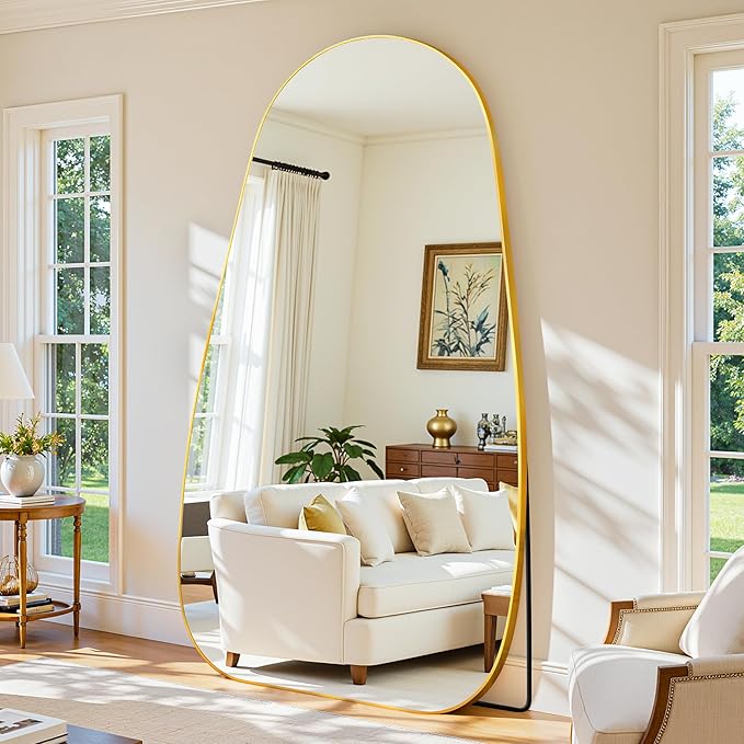 Antok Full Length Mirror, 76"x36" Floor Mirror with Stand,Standing Hanging Leaning Irregular Mirrors for Bedroom Living Room Entryway,Tear Drop Style,Golden