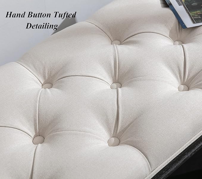 DUOMAY Mid-Century Tufted Storage Bench with Shelf, Linen Upholstered Farmhouse Entryway Shoe Bench Ottoman Bed End Stool for Bedroom Living Room Dining Room, Black Wood Frame, White