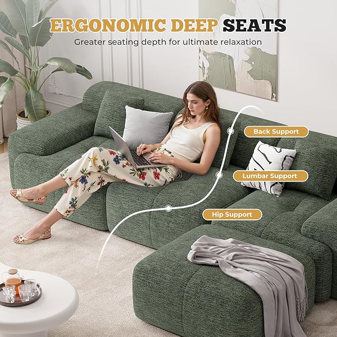 158" Modern U Shaped Modular Sectional Sofa, Boneless Couches for Living Room with Ottoman,6 Seater Convertible Chenille Cloud Couch Sofa Set, No Assembly Required, Green 1 PCS