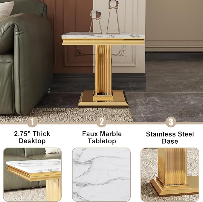 Faux Marble End Table, White Square Side Table with Golden Pillar Stainless Steel Base, Modern Accent End Table for Living Room, Office, Easy Assembly