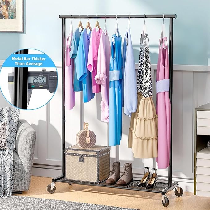 Clothes Rack with Wheels, Clothing Rack for Hanging Clothes, Rolling Garment Rack Sturdy Coat Rack Portable Wardrobe Rack Metal Closet Rack for Bedroom, Laundry Living Room, Black