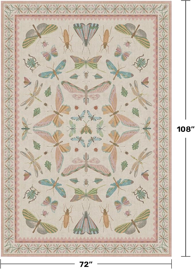 Floral Pink Rugs for Bedroom Girls 6x9 - Insect Print Cute Girly Rug for Living Room, Dining Room Under Kitchen Table, Washable Low Pile Vintage Bug Art Nouveau Home Decor