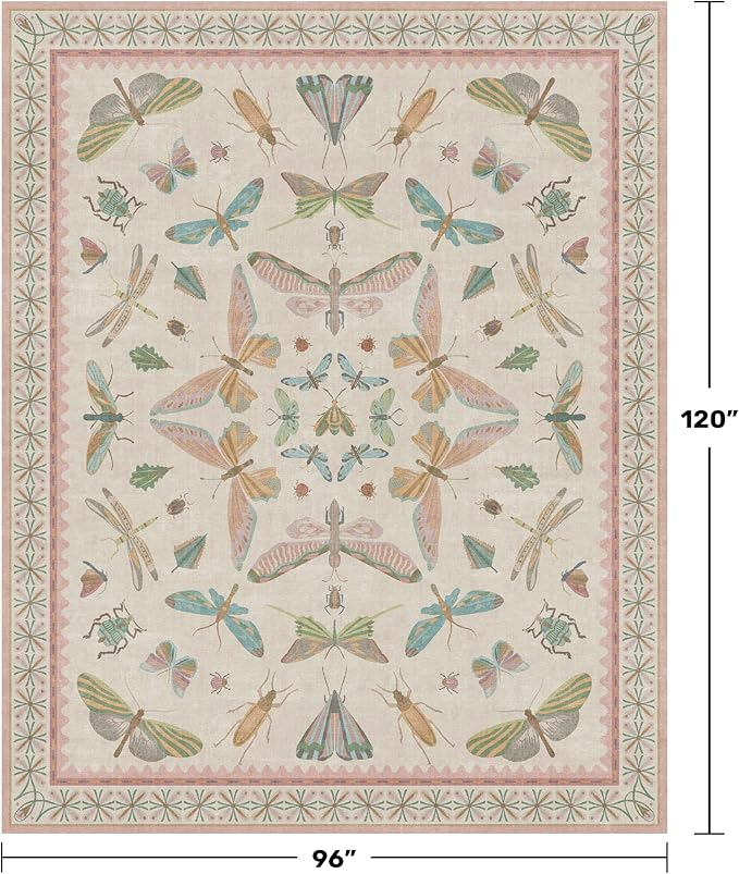 Cute Rugs for Bedroom Girls - Pink Living Room Rugs 8X10, Dining Room Table, Washable Pastel Flower Insect Print Whimsical Décor