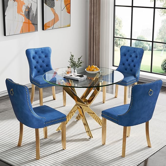 Goujxcy Small Round Dining Table Set for 4, Modern Glass Kitchen Table Chairs Set of 4, 5-Piece Dining Table Set w/36 Circle Gold Glass Dining Room Table and 4 Blue Upholstered Dining Chairs