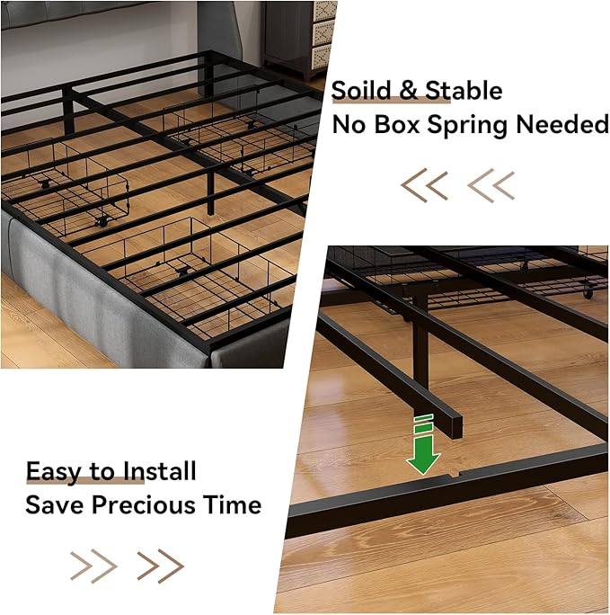 SADENICEL King Size Bed Frame with Storage Headboard, Metal Platform Bed Frame King with 4 Drawer, LED Light, Charging Station, No Box Spring Needed, Noise Free, Easy Assembly, Grey