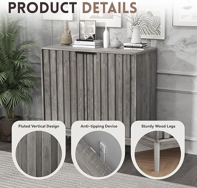 Fluted Cabinet with Storage, Small Buffet Cabinet Sideborad with Door, Kitchen Buffet Storage Accent Cabinets with Adjustable Shelves for Living Room, Entry, Hallway, Gray