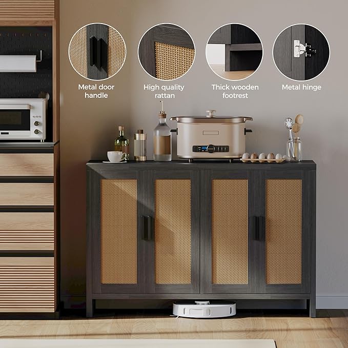Mericonia Rattan Buffet Cabinet with Storage, Sideboard with Doors, TV Stand, Farmhouse Side Board Coffee Bar, Modern Wood Storage Cabinets for Livingroom, Kitchen and Dining Room (Black)