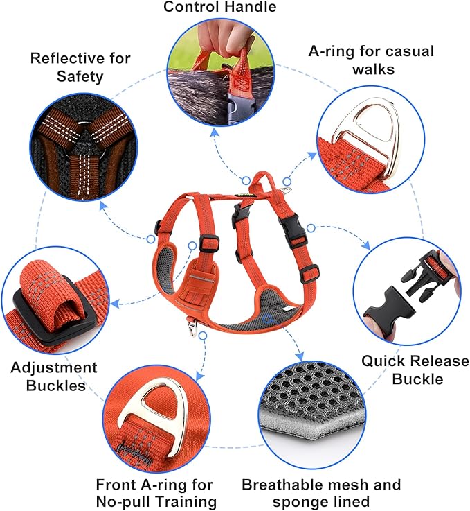 Plutus Pet No Pull Dog Harness, Reflective Adjustable Dog Vest Harness with Handle, Escape Proof, Soft Padded for Small Medium Large Dogs (Orange, XS)