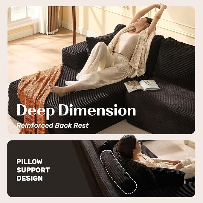 138" Boneless Couch with Deep Seat, Modular Sectional Sofa, Cloud Sectional Couch for Living Room, No Assembly Required, Corduroy, U-Shape 4 Seater Left, Black