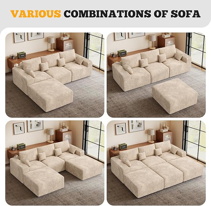 146" Modular Sectional Sofa, Convertible U-Shaped Cloud Couches for Living Room with Ottoman, 6 Seater Corduroy Boneless Couch Sofa Set, No Assembly Required, Khaki 1 PCS