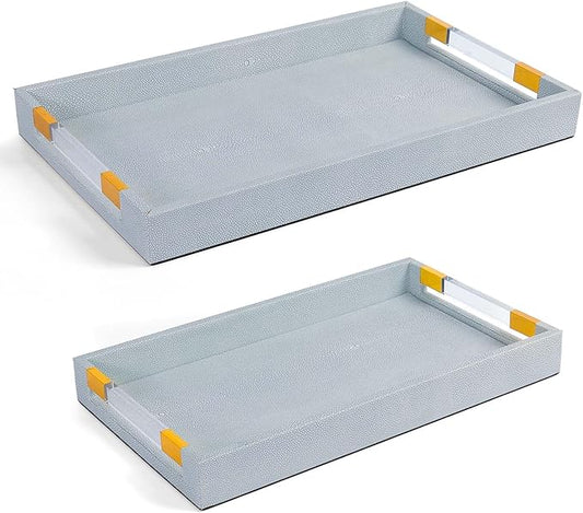 2 Pack Large Ottoman Tray Shagreen Decorative Tray Serving Tray with Acrylic Gold Handles, Ice Blue Vegan Leather Coffee Table Tray for All Occations Home Decor