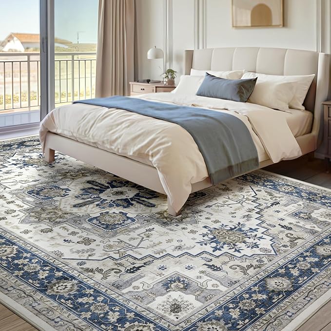 Area Rugs for Living Room 9x12 - Large Machine Washable Vintage Oriental Soft Rug, Low Pile Thin Carpet with Non Slip Backing for Bedroom, Dorm, Under Dining Room Table, Indoor House, Office Decor