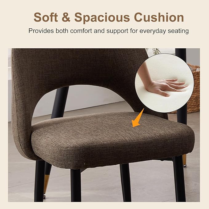 Modern Dining Chairs, Fabric Upholstered Accent Kitchen Chairs with Comfy Padded Seat & Sturdy Metal Legs, Side Farmhouse Chairs for Dining Room, Living Room, Restaurant (Brown, Set of 2)