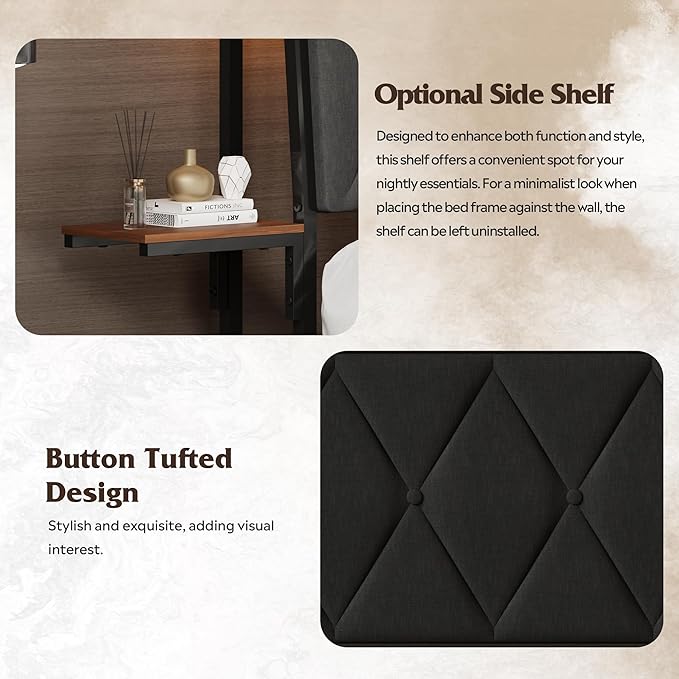 WLIVE Full Upholstered Bed Frame with 2 Side Shelves, Linen Tufted Storage Headboard with Charging Ports and LED Light, Metal Solid and Stable, No Box Spring Needed, Easy Assembly, Brown