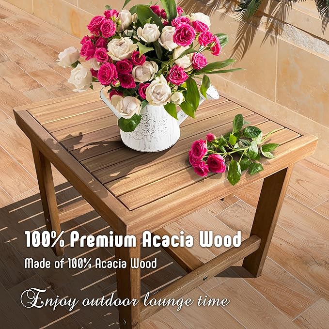 3 Piece Outdoor Patio Furniture Set, Wooden Conversation Patio Set with Padded Cushion Chairs and Coffee Table, Acacia Wood Lounge Conversation Set for Porch Balcony Deck Backyard