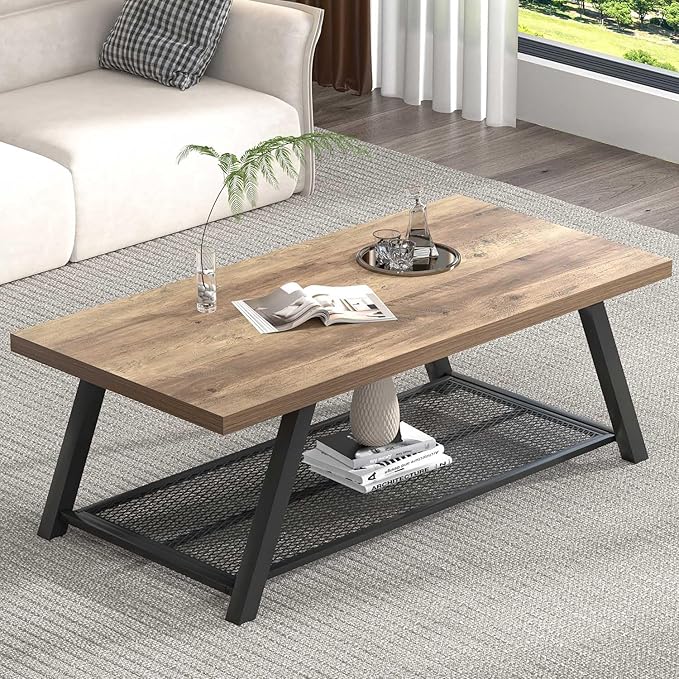 FOLUBAN Coffee Table, Modern Rustic Wood and Metal Center Table with Storage, Industrial Cocktail Tea Table for Living Room, Oak, 47 Inch