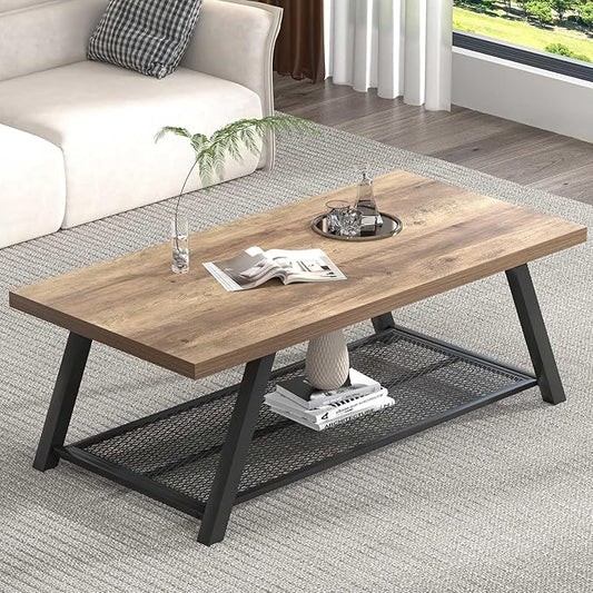 FOLUBAN Coffee Table, Modern Rustic Wood and Metal Center Table with Storage, Industrial Cocktail Tea Table for Living Room, Oak, 47 Inch