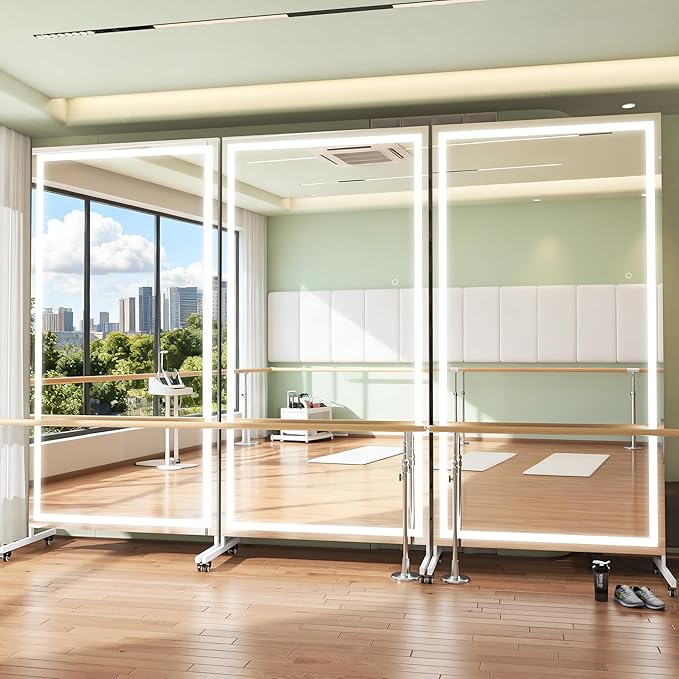 Hasipu Home Gym Mirror with Light 360° Swivel on Wheels, 79" x 40" Extra Large Full Length Rolling LED Mirror for Yoga Studio, Bedroom, Dancing Studio, White