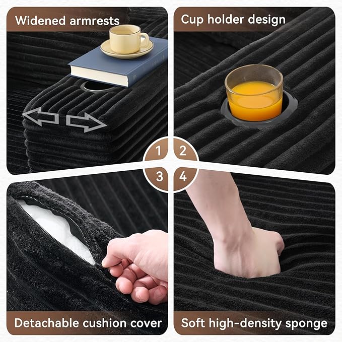 106" Cloud Couch Corduroy Modular Sectional Sofa L-Shape Boneless Couch with Wide Armrests and Cup Holders for Living Room Bedroom, No Assembly Required (Black)