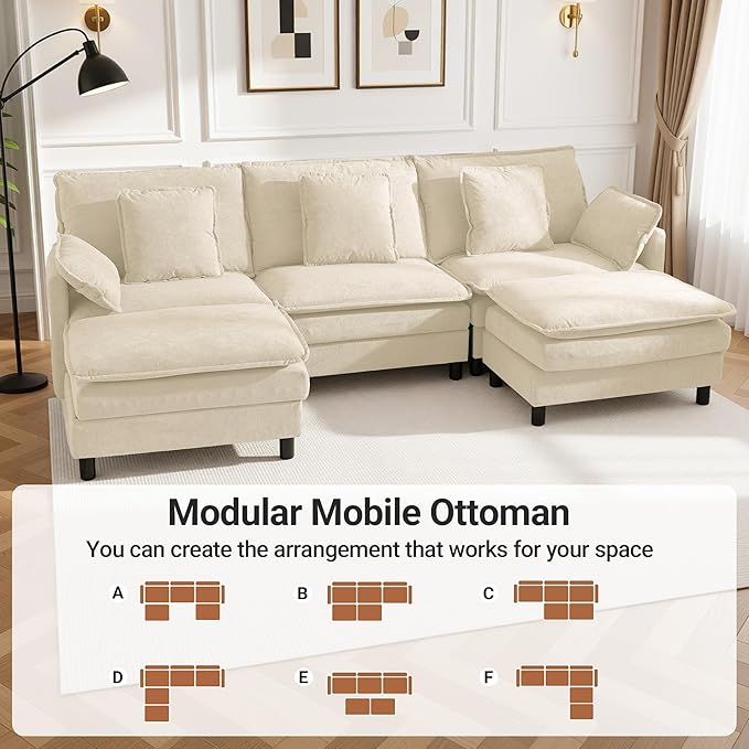 Claiks 110" Modular Sectional Sofa, Cloud Couch with Ottoman, U-Shaped 5-Seater Sofa in Chenille Fabric, Deep Seat Comfy Couch with Pillows for Living Room & Offices, Beige