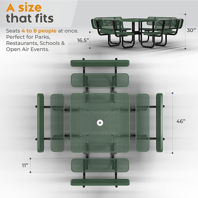 Metal Picnic Tables for Outdoors with Umbrella Hole - Coated Steel Heavy Duty Commercial Grade Furniture with Adjustable Seats (Green, 46 in, Square with Back, Expanded Steel)