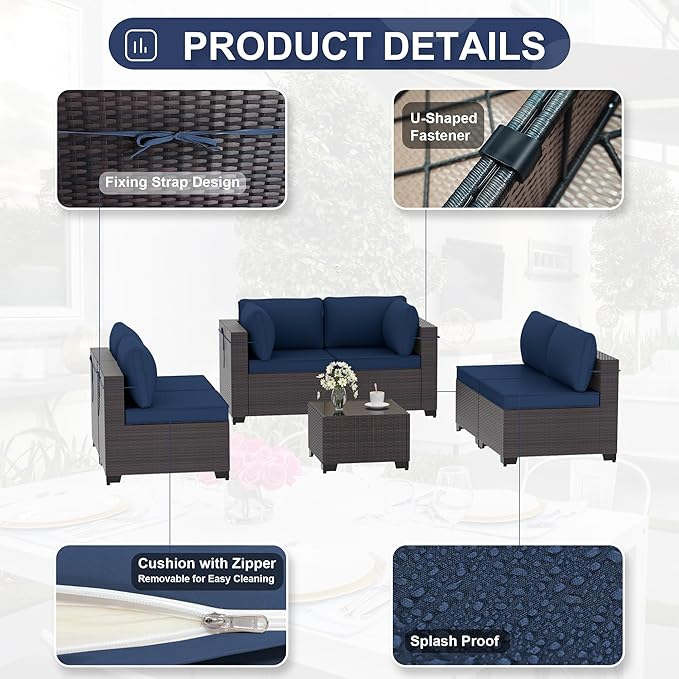 Kurapika 7 Pieces Patio Furniture Set, Rattan Wicker Outdoor Conversation Sets w/4 Inch Cushion and Glass Coffee Table(Navy Blue)