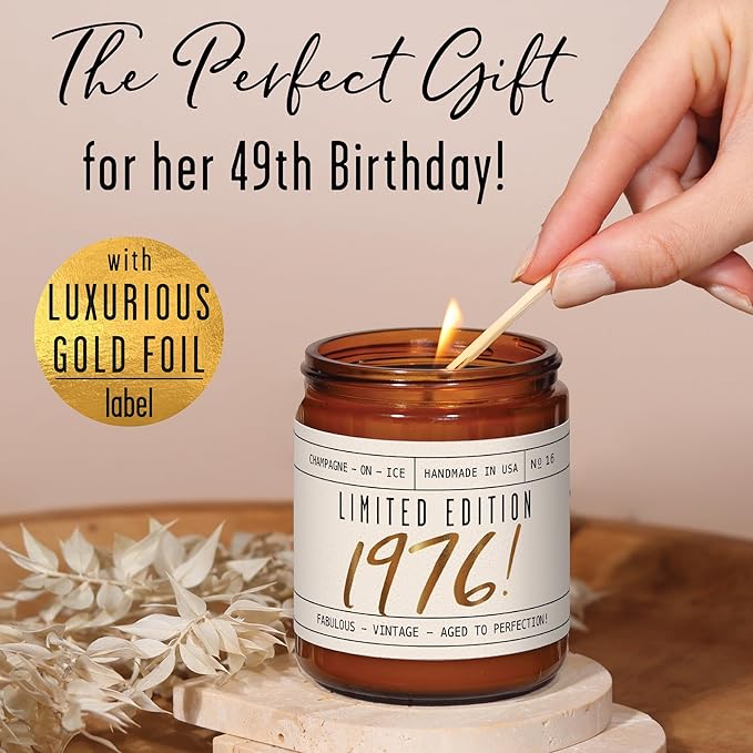 49th Birthday Gifts for Women - 'Limited Edition 1976' Soy Candle, w/Champagne on Ice I 49 Birthday Gifts for Women I 49th Gift for Her Ideas I 9oz Reusable Jar, 50Hr Burn, Made in USA