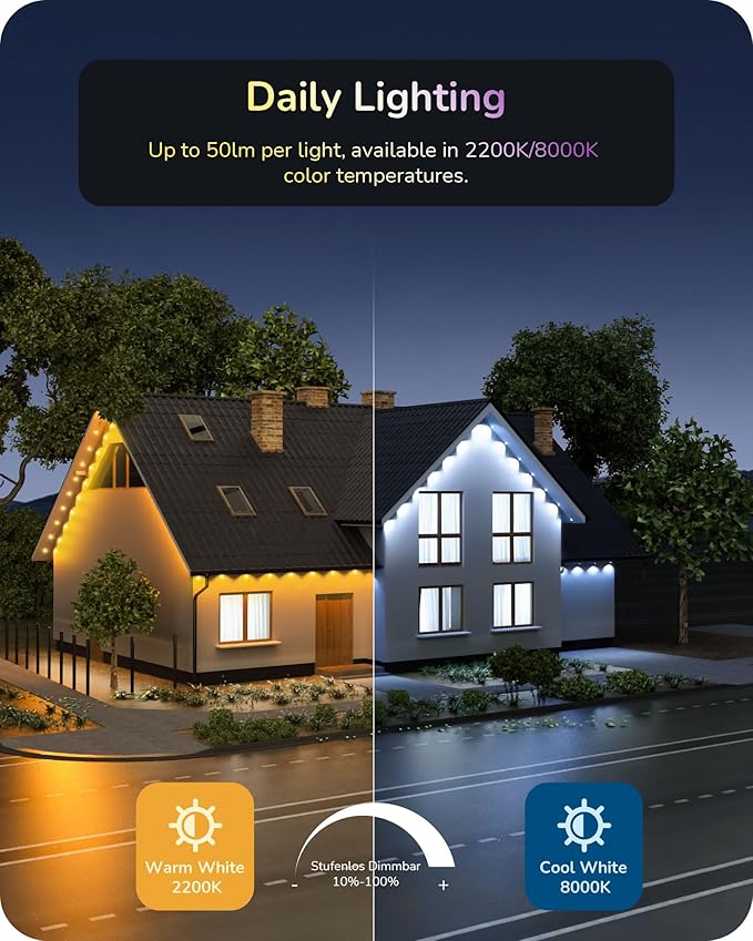 EDISHINE 120ft Smart Permanent Outdoor Eave Lights, 80 LED RGB+IC+Warm/Cool White Christmas Light, App & Remote Control, 50 Scene Modes IP67 Waterproof for House Year-Round Decor, Alexa Google Enable